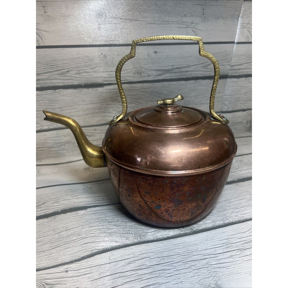Vintage Copper & Brass Kettle With Bird Knob Tea Teapot